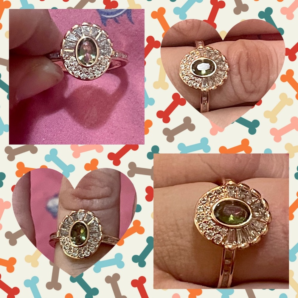 Rose gold tone ring with cubic zirconia and watermelon tourmaline